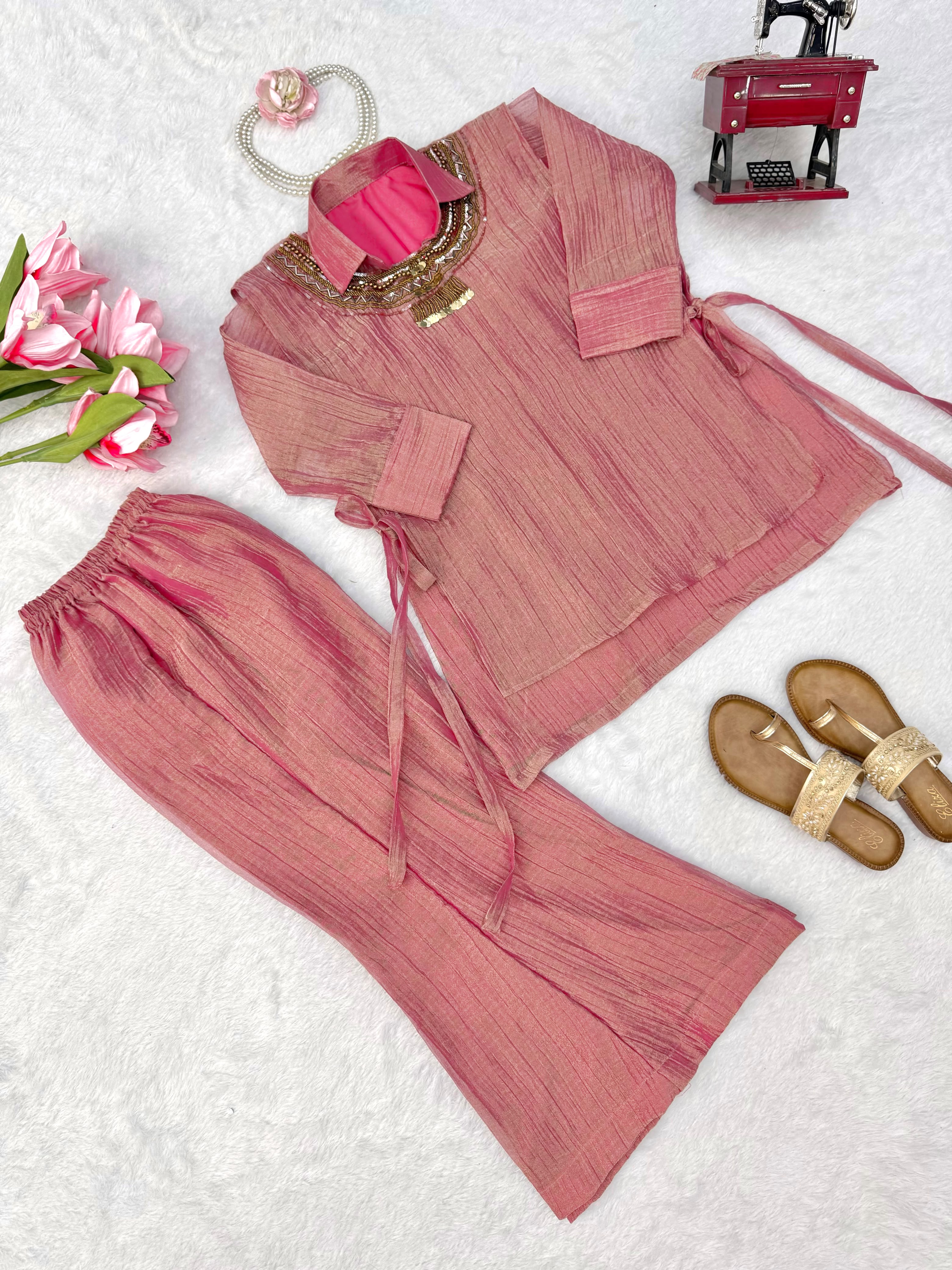 Pink Salsa Crushed Hand Work 3-Piece Co-Ord Set
