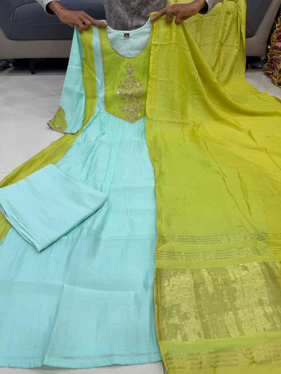 Sindhu Pure Mul Chanderi Embroidered Kurta Pant Set with Banarasi Lagadi Dupatta
