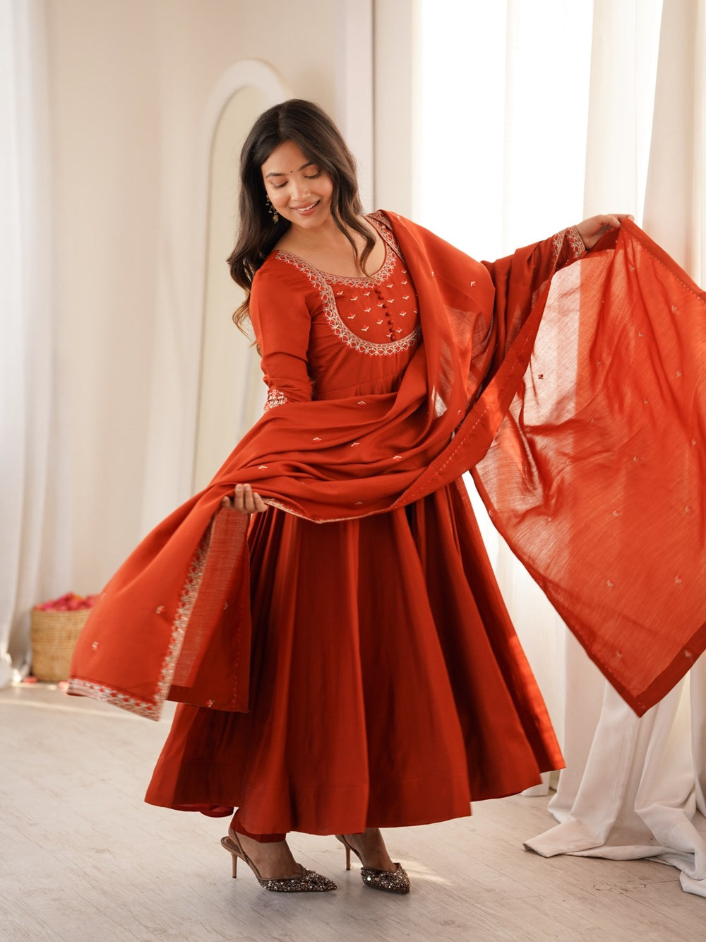 Anaya Rust Orange Embroidered Anarkali Gown, Dupatta & Pants Set