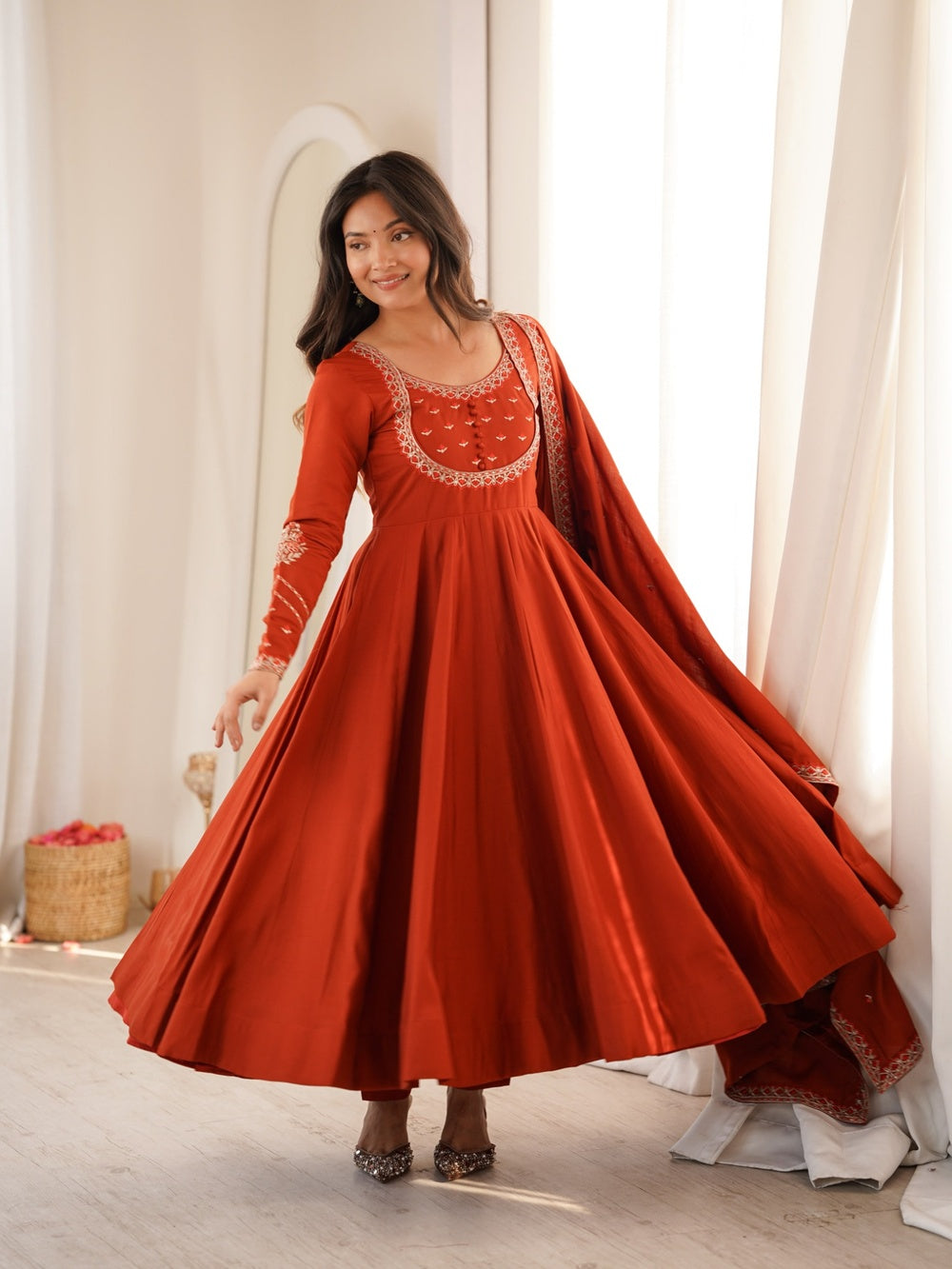 Anaya Rust Orange Embroidered Anarkali Gown, Dupatta & Pants Set