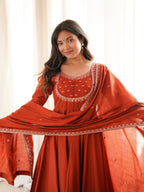 Anaya Rust Orange Embroidered Anarkali Gown, Dupatta & Pants Set