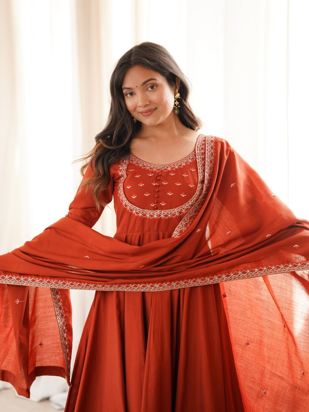 Anaya Rust Orange Embroidered Anarkali Gown, Dupatta & Pants Set