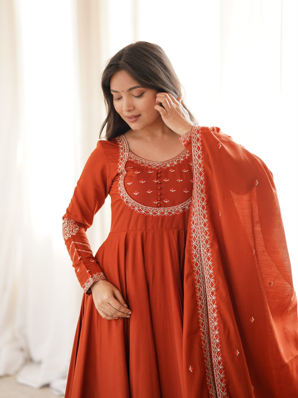 Anaya Rust Orange Embroidered Anarkali Gown, Dupatta & Pants Set