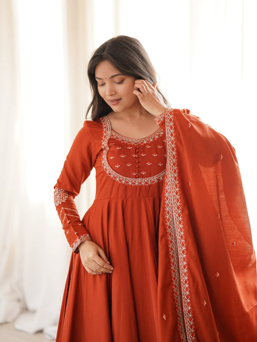 Anaya Rust Orange Embroidered Anarkali Gown, Dupatta & Pants Set