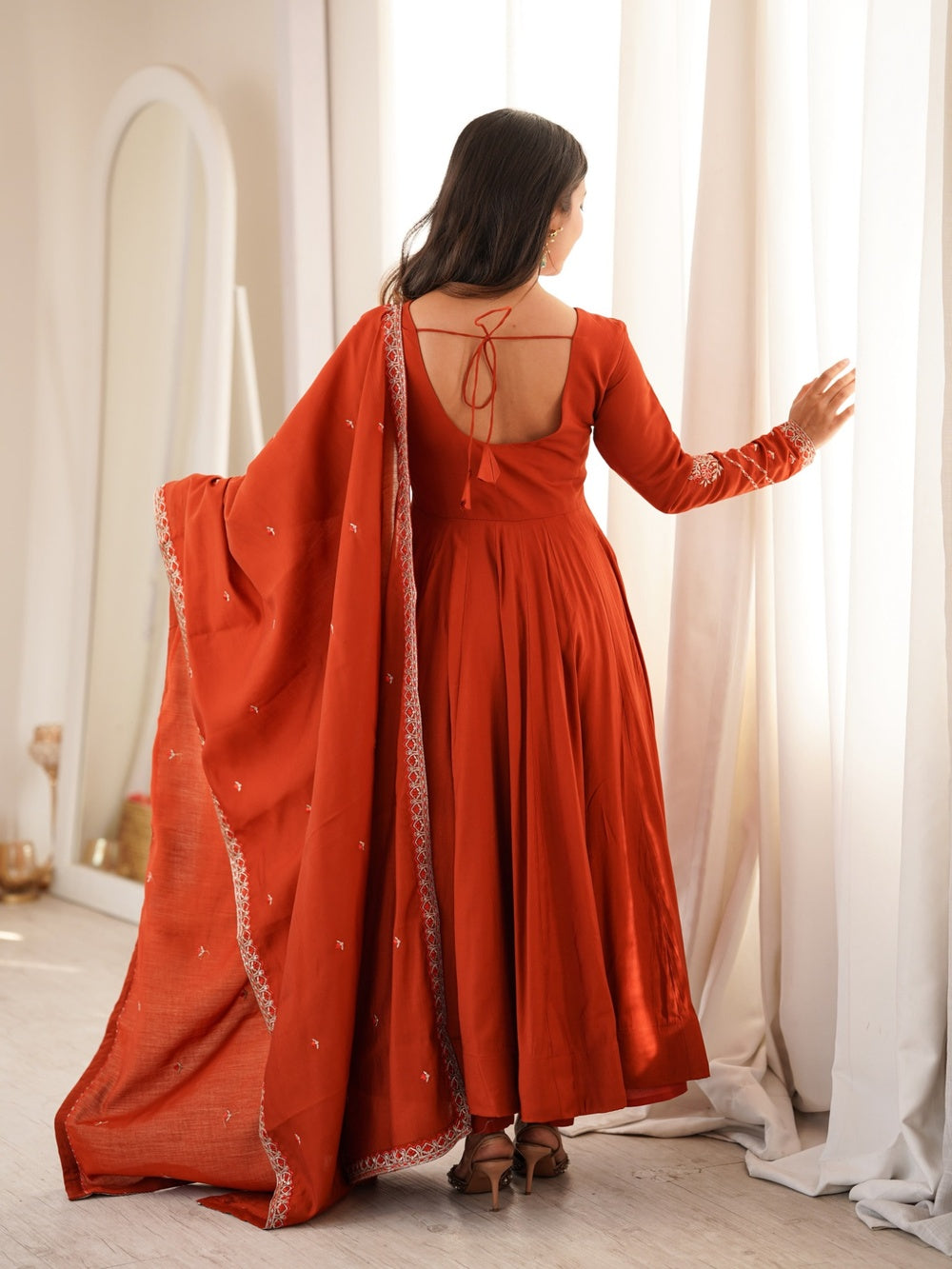 Anaya Rust Orange Embroidered Anarkali Gown, Dupatta & Pants Set