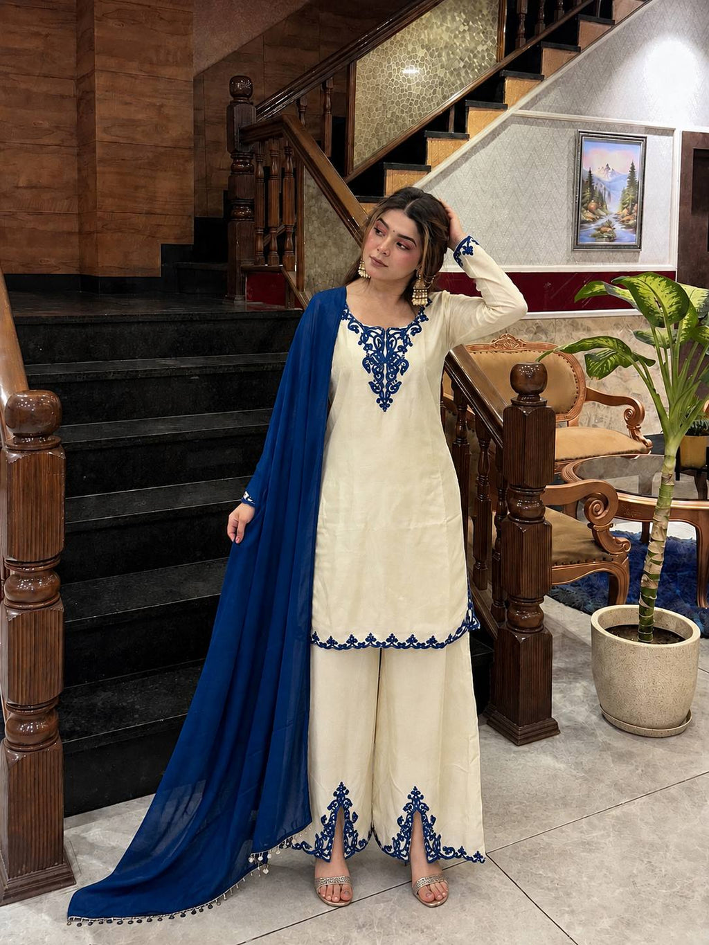 Bella Royal Blue Jarman Chinon Embroidered Palazzo Suit Set