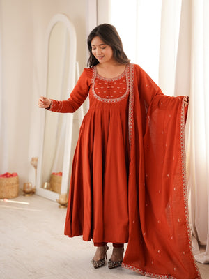 Anaya Rust Orange Embroidered Anarkali Gown, Dupatta & Pants Set