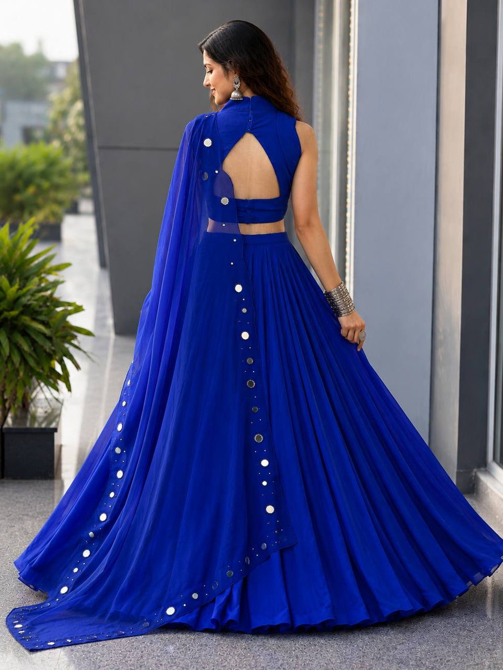 Meher Royal Blue Cotton Mirror Work Lehenga Choli Set