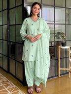 Yasmin Pastel Mint Green Floral Embroidered Kurta Set