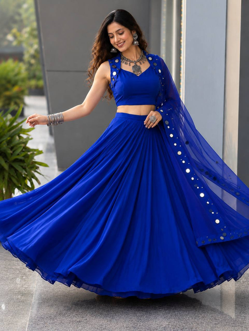 Meher Royal Blue Cotton Mirror Work Lehenga Choli Set