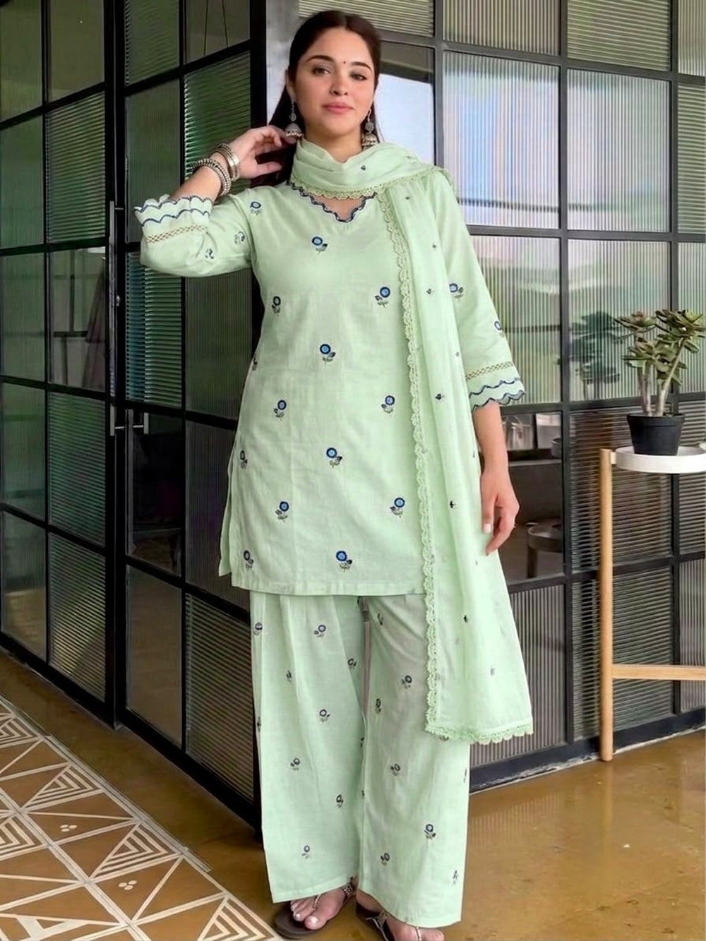 Yasmin Pastel Mint Green Floral Embroidered Kurta Set